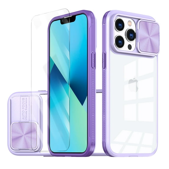 Allytechgroup Clear Case for Apple iPhone 12 Pro Max, with Tempered Glass Screen Protector & Lens Protector Anti-Yellow Shockproof Rugged Hybrid Phone Case for iPhone 12 Pro Max, Purple