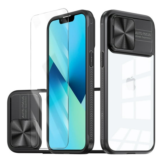 Allytechgroup Clear Case for Apple iPhone 14 Plus, with Tempered Glass Screen Protector & Lens Protector Anti-Yellow Shockproof Rugged Hybrid Phone Case for iPhone 14 Plus, Black