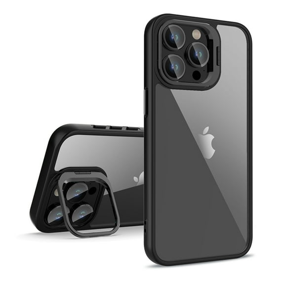 Allytechgroup Clear Case for Apple iPhone 15 with Camera Lens Kickstand & Protector, Slim Fit Shell Back Cover Transparent Anti-Yellow Bumper Anti-Scratch Case for iPhone 15, Black