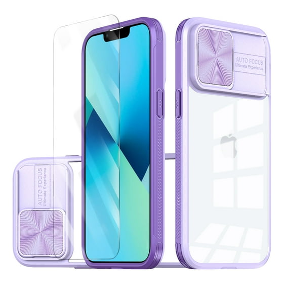 Allytechgroup Clear Case for Apple iPhone 15 Plus, with Tempered Glass Screen Protector & Lens Protector Anti-Yellow Shockproof Rugged Hybrid Phone Case for iPhone 15 Plus, Purple