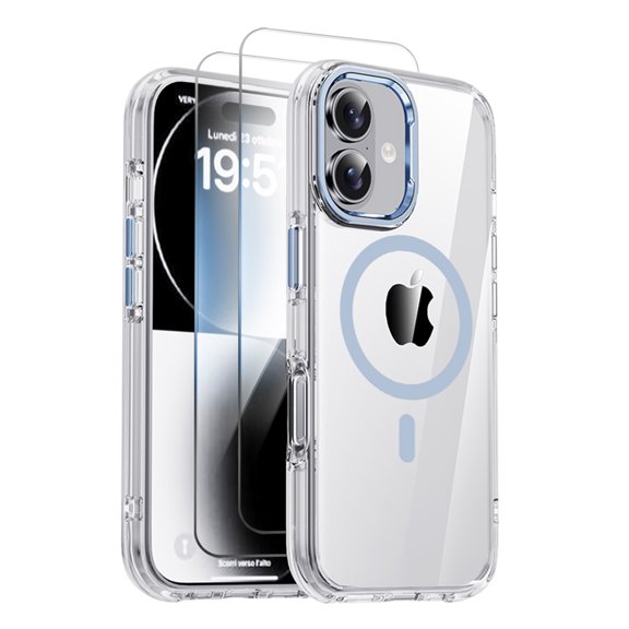 Allytechgroup Clear Case for Apple iPhone 17 with 2 Pcs Screen Protector, [Compatible with Magsafe] Slim Fit Crystal Transparent Shockproof Not-Yellowing Anti-Scratch Cover,Blue