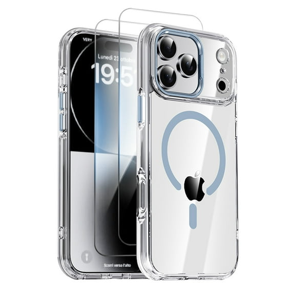 Allytechgroup Clear Case for Apple iPhone 17 Pro with 2 Pcs Screen Protector, [Compatible with Magsafe] Slim Fit Crystal Transparent Shockproof Not-Yellowing Anti-Scratch Cover,Blue