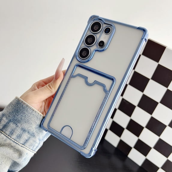Allytechgroup Clear Case for Samsung Galaxy A06 with Credit Card Slot, Anti-Yellowing Four Corner Anti Fall Plating Frame Slim Soft TPU Shockproof Back Cover for Women Men, Blue