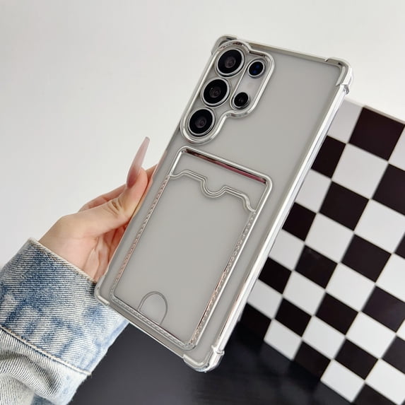 Allytechgroup Clear Case for Samsung Galaxy S20+ with Credit Card Slot, Anti-Yellowing Four Corner Anti Fall Plating Frame Slim Soft TPU Shockproof Back Cover for Women Men, Silver
