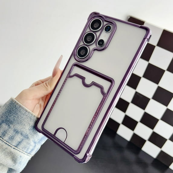 Allytechgroup Clear Case for Samsung Galaxy S20+ with Credit Card Slot, Anti-Yellowing Four Corner Anti Fall Plating Frame Slim Soft TPU Shockproof Back Cover for Women Men, Purple