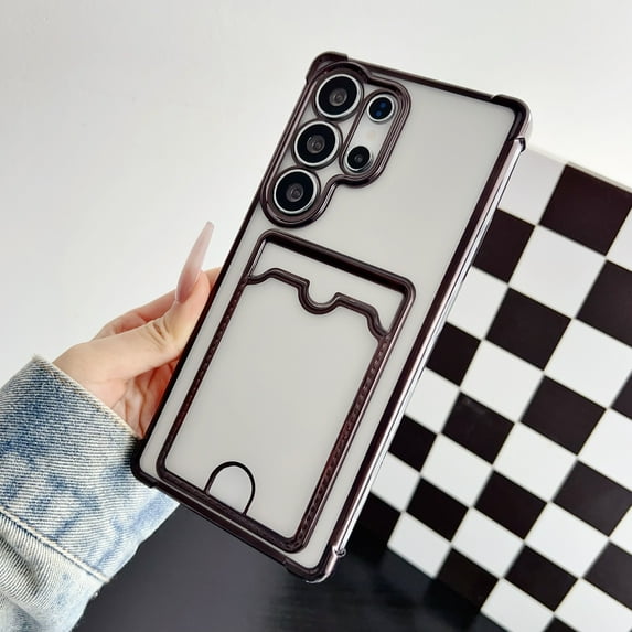 Allytechgroup Clear Case for Samsung Galaxy S24 FE with Credit Card Slot, Anti-Yellowing Four Corner Anti Fall Plating Frame Slim Soft TPU Shockproof Back Cover for Women Men, Black