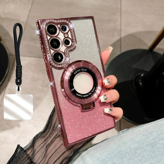 Allytechgroup Clear Case for Samsung Galaxy S25 with Glitter Paper & Lanyard, Compatible with Mag-safe Bling Shiny Diamond Embossed Kickstand  Anti-Scratch Case for Girls Women, Pink