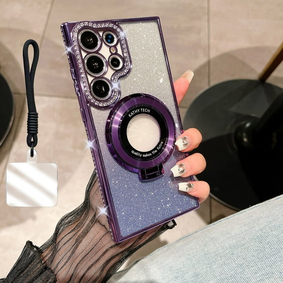 Allytechgroup Clear Case for Samsung Galaxy S25 Ultra with Glitter Paper & Lanyard, Compatible with Mag-safe Bling Shiny Diamond Embossed Kickstand Anti-Scratch Case for Girls Women, Purple