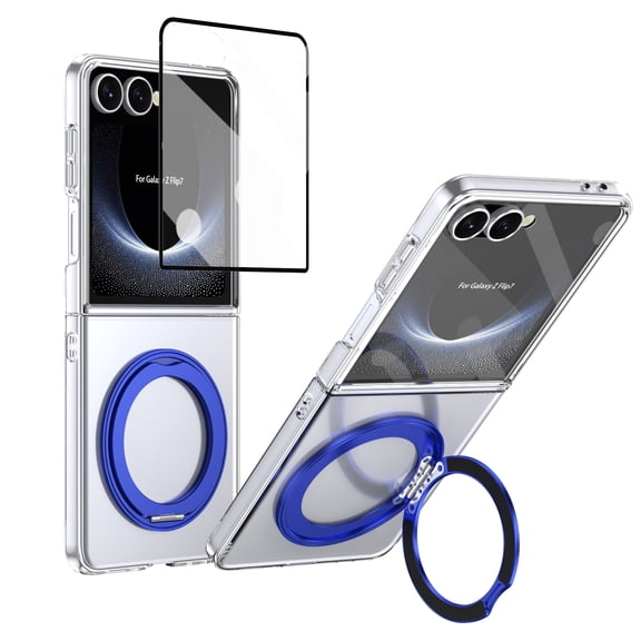 Allytechgroup Clear Case for Samsung Galaxy Z Flip 3 with Screen Protector, Rotating Kickstand Camera Lens Protective Anti-Scratch Wireless Charging Magnetic Cover for Galaxy Z Flip 3, Blue