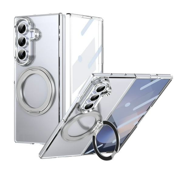 Allytechgroup Clear Case for Samsung Galaxy Z Fold 7 with Screen Protector, Rotating Kickstand Camera Lens Protective Anti-Scratch Wireless Charging Magnetic Cover for Galaxy Z Fold 7,Silver