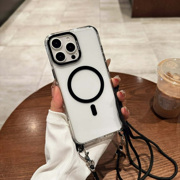 Allytechgroup Clear Case for iPhone 12 Pro Max with Shoulder Strap, Compatible with Mag-safe Anti Yellowing Slim Lightweight Shockproof Magnetic Back Cover for iPhone 12 Pro Max Women Girls, Black