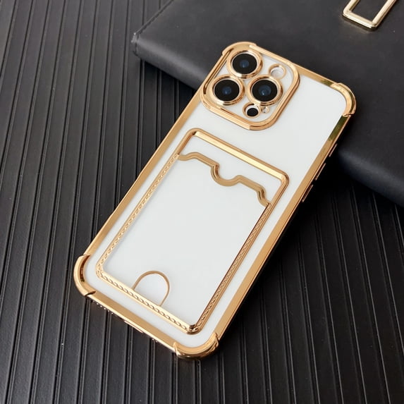 Allytechgroup Clear Case for iPhone 13 Mini with Credit Card Slot, Anti-Yellowing Four Corner Anti Fall Plating Frame Slim Soft TPU Shockproof Back Cover for Women Men, Gold