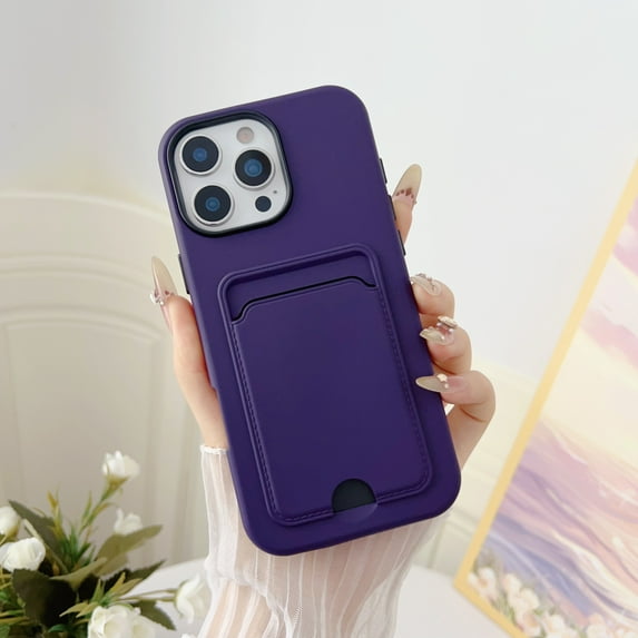 Allytechgroup Clear Case for iPhone 14, Built-in Credit Card Slot Slim Hard PC Soft TPU Anti-Yellowing Rugged Heavy Duty Durable Cover Case Shockproof for iPhone 14, Darkpurple