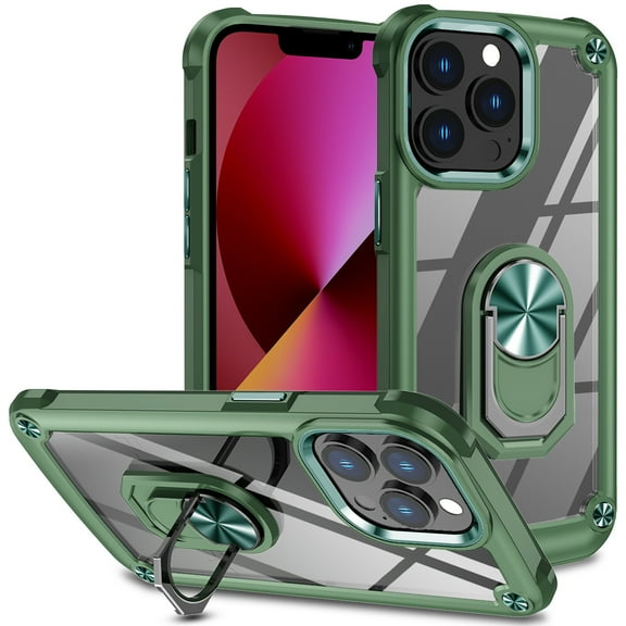 Allytechgroup Clear Case for iPhone 15 Pro Max, [1x Screen Protector] Slim Case with Metal Ring Kickstand, Armor Lens Protection Shockproof Anti-Fingerprin Protective Case for Women Men, Armygreen