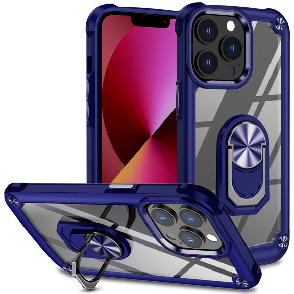 Allytechgroup Clear Case for iPhone 16, [1x Screen Protector] Slim Case with Metal Ring Kickstand, Armor Lens Protection Shockproof Anti-Fingerprin Protective Case for Women Men, Blue