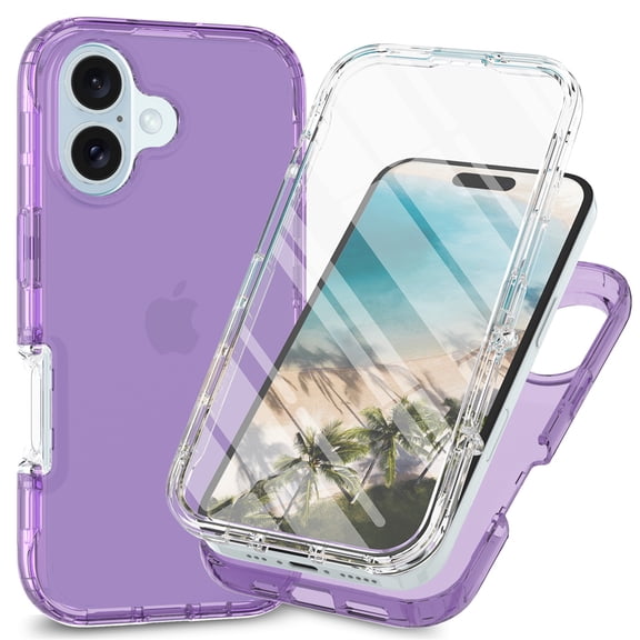 Allytechgroup Clear Case for iPhone 16 2024 Phone 6.1 inch [Not-Yellowing] with Tempered Glass Screen Protector Soft TPU Back Transparent Shockproof Bumper [Military-Grade Drop Protection], Purple