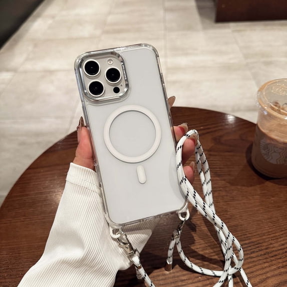 Allytechgroup Clear Case for iPhone 16 Pro Max with Shoulder Strap, Compatible with Mag-safe Anti Yellowing Slim Lightweight Shockproof Magnetic Back Cover for iPhone 16 Pro Max Women Girls, White