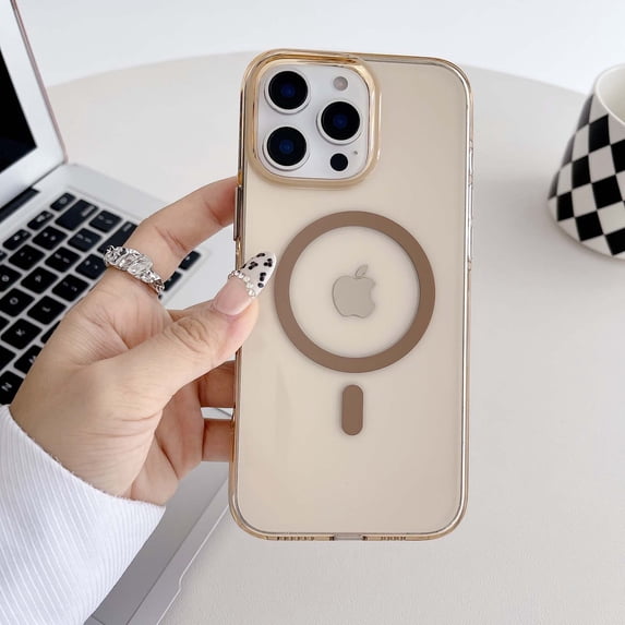Allytechgroup Clear Case for iPhone 16 Pro Max, Support Wireless Charging Anti Yellowing Slim Fit Hard PC Phone Case Shockproof Magnetic Back Cover Bumper for iPhone 16 Pro Max, Gold