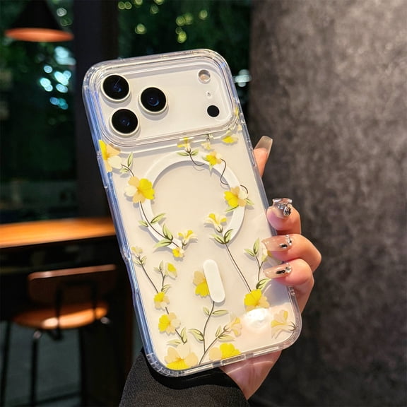 Allytechgroup Clear Case for iPhone 17 Pro Max with Stylish Floral Pattern, Support Wireless Charging Lightweight Screen Lens Protection Shockproof Magnetic Case for Women Girls, Yellow Flower