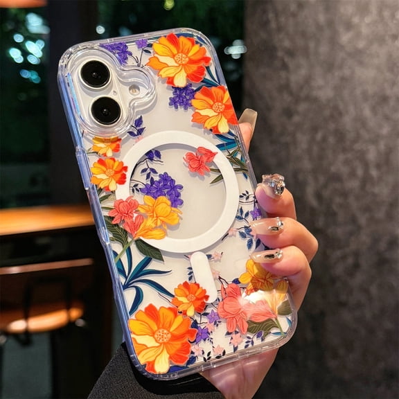 Allytechgroup Clear Case for iPhone 17 Pro with Stylish Floral Pattern, Support Wireless Charging Lightweight Screen Lens Protection Shockproof Magnetic Case for Women Girls, Orange Flower