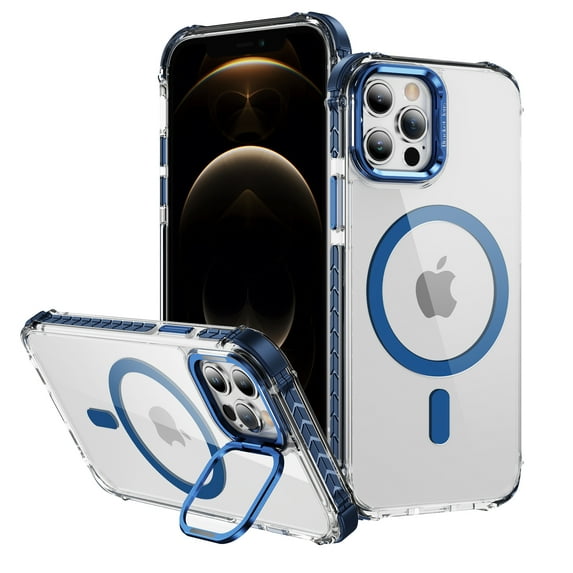Allytechgroup Clear Magnetic Case for Apple iPhone 12 Pro/ 12, Camera Lens Kickstand Compatible with Magsafe Slim Fit Drop Protection Shockproof Back Case Cover for iPhone 12 Pro/ 12, Blue