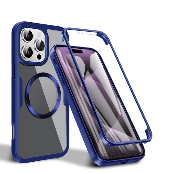 Allytechgroup Clear Magnetic Case for Apple iPhone 13 with Build in Screen Protector, Anti-Yellow Bumper Shockproof Transparent Back Cover for iPhone 13, Blue