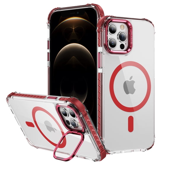 Allytechgroup Clear Magnetic Case for Apple iPhone 13 Pro, Camera Lens Kickstand Compatible with Magsafe Slim Fit Drop Protection Shockproof Back Case Cover for iPhone 13 Pro, Red
