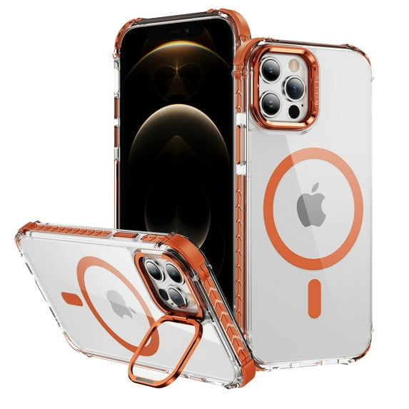 Allytechgroup Clear Magnetic Case for Apple iPhone 13 Pro, Camera Lens Kickstand Compatible with Magsafe Slim Fit Drop Protection Shockproof Back Case Cover for iPhone 13 Pro, Orange