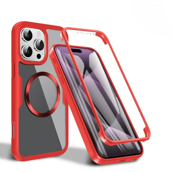Allytechgroup Clear Magnetic Case for Apple iPhone 16 Pro with Build in Screen Protector, Anti-Yellow Bumper Shockproof Transparent Back Cover for iPhone 16 Pro, Red