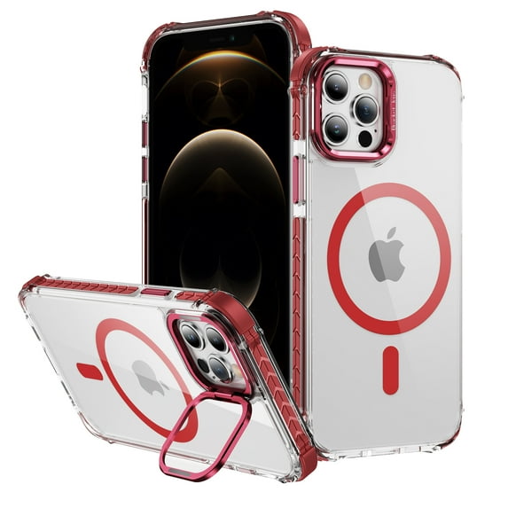 Allytechgroup Clear Magnetic Case for Apple iPhone 16 Pro Max, Camera Lens Kickstand Compatible with Magsafe Slim Fit Drop Protection Shockproof Back Case Cover for iPhone 16 Pro Max, Red