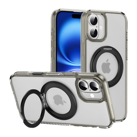 Allytechgroup Clear Magnetic Case for Apple iPhone 16, iPhone 16 Case for Women Men, Compatible with Magsafe & Car Mount Ring Holder Kickstand Drop Proof Anti-Yellowing Cover, Gray