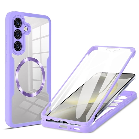 Allytechgroup Clear Magnetic Case for Samsung Galaxy S21 FE with Build in Screen Protector, Anti-Yellow Bumper Shockproof Transparent Back Cover for Galaxy S21 FE, Purple
