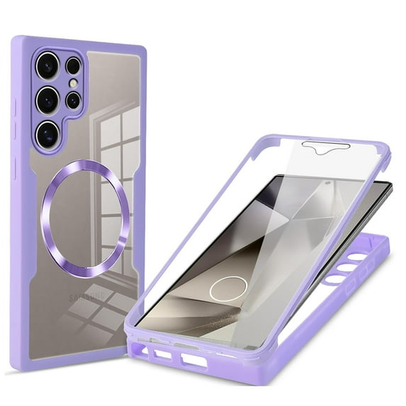 Allytechgroup Clear Magnetic Case for Samsung Galaxy S23 Ultra with Build in Screen Protector, Anti-Yellow Bumper Shockproof Transparent Back Cover for Galaxy S23 Ultra, Purple
