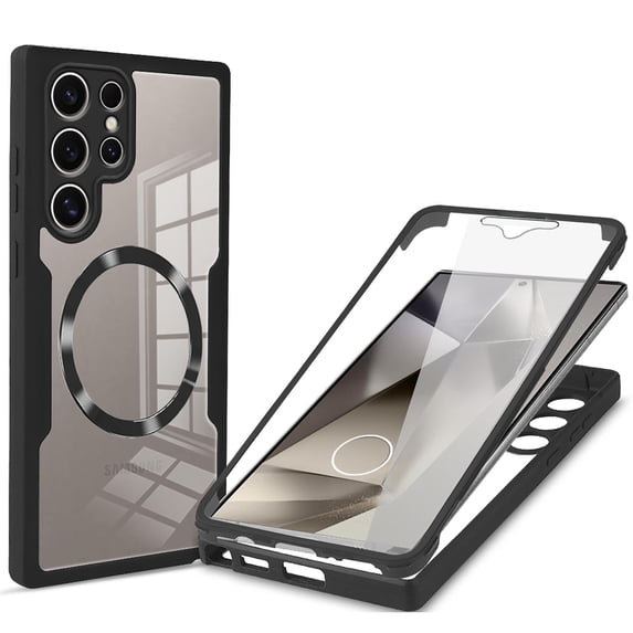 Allytechgroup Clear Magnetic Case for Samsung Galaxy S23 Ultra with Build in Screen Protector, Anti-Yellow Bumper Shockproof Transparent Back Cover for Galaxy S23 Ultra, Black