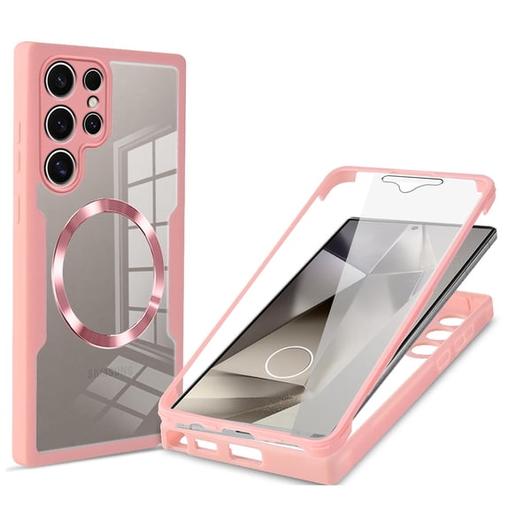 Allytechgroup Clear Magnetic Case for Samsung Galaxy S23 Ultra with Build in Screen Protector, Anti-Yellow Bumper Shockproof Transparent Back Cover for Galaxy S23 Ultra, Pink