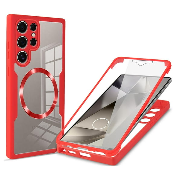 Allytechgroup Clear Magnetic Case for Samsung Galaxy S24 Ultra with Build in Screen Protector, Anti-Yellow Bumper Shockproof Transparent Back Cover for Galaxy S24 Ultra, Red