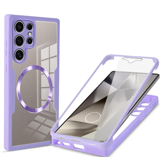 Allytechgroup Clear Magnetic Case for Samsung Galaxy S24 Ultra with Build in Screen Protector, Anti-Yellow Bumper Shockproof Transparent Back Cover for Galaxy S24 Ultra, Purple
