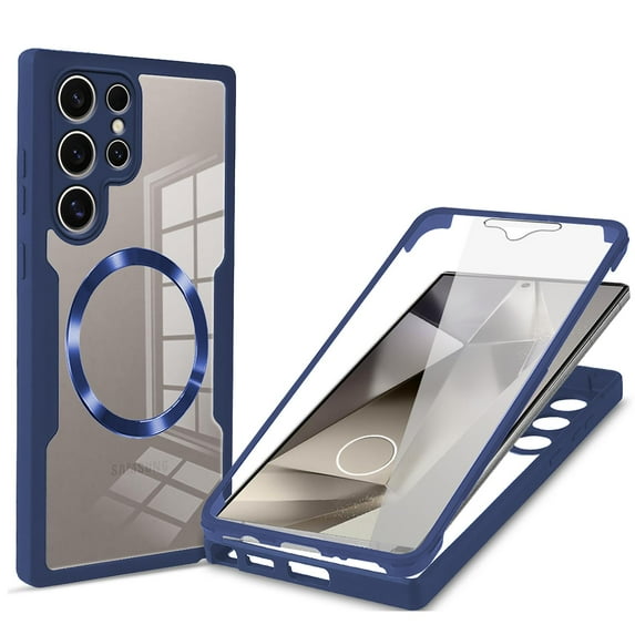 Allytechgroup Clear Magnetic Case for Samsung Galaxy S24 Ultra with Build in Screen Protector, Anti-Yellow Bumper Shockproof Transparent Back Cover for Galaxy S24 Ultra, Blue