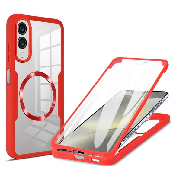 Allytechgroup Clear Magnetic Case for Samsung Galaxy S25 Edge with Build in Screen Protector, Anti-Yellow Bumper Shockproof Transparent Back Cover for Galaxy S25 Edge, Red