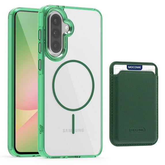 Allytechgroup Clear Magnetic Wallet Case for Samsung Galaxy A35, Compatible with Magsafe Shockproof Transparent Back Cover with Slim Fit with Detachable Leather Card Holder, Green