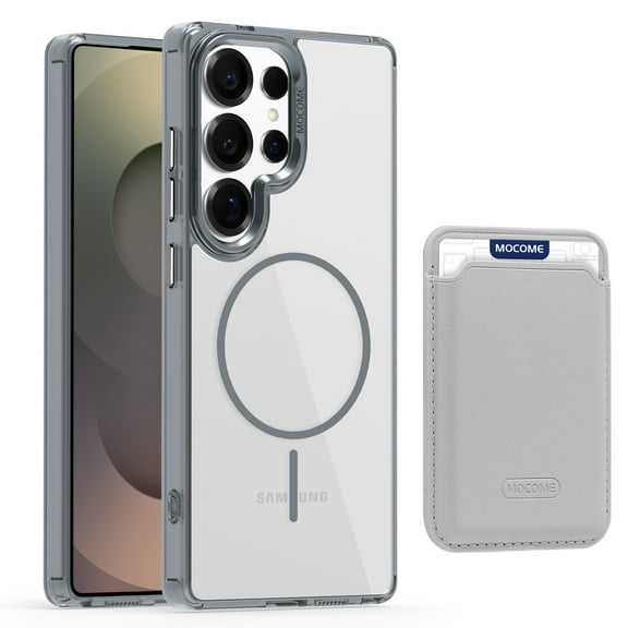 Allytechgroup Clear Magnetic Wallet Case for Samsung Galaxy S24 Ultra, Compatible with Magsafe Shockproof Transparent Back Cover with Slim Fit with Detachable Leather Card Holder, Gray