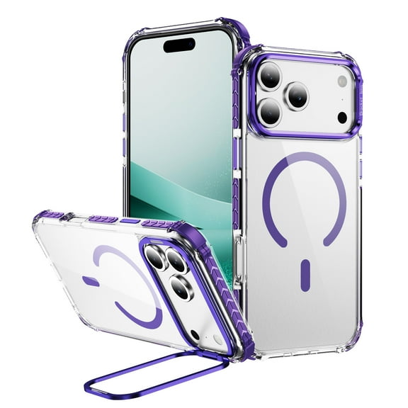 Allytechgroup Clear Mangetic Case Cover for iPhone 17 Pro with Stand, Compatible with Magsafe Wireless Charging Not-Yellowing Anti-Scratch Shockproof Case Cover for iPhone 17 Pro, Purple