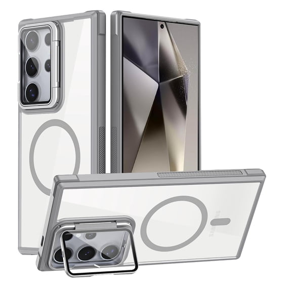 Allytechgroup Clear Phone Case for Samsung Galaxy S23 Ultra, Magnetic Galaxy S23 Ultra Case with Camera Lens Kickstand, Shockproof and Anti-Yellow, Compatible with MagSafe and Car Mount, Gray