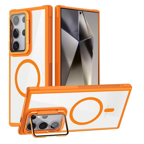 Allytechgroup Clear Phone Case for Samsung Galaxy S23 Ultra, Magnetic Galaxy S23 Ultra Case with Camera Lens Kickstand, Shockproof and Anti-Yellow, Compatible with MagSafe and Car Mount, Orange
