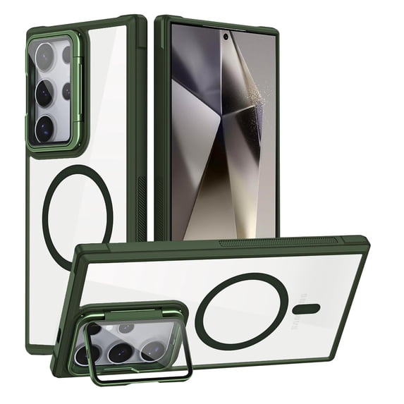 Allytechgroup Clear Phone Case for Samsung Galaxy S23 Ultra, Magnetic Galaxy S23 Ultra Case with Camera Lens Kickstand, Shockproof and Anti-Yellow, Compatible with MagSafe and Car Mount, Green