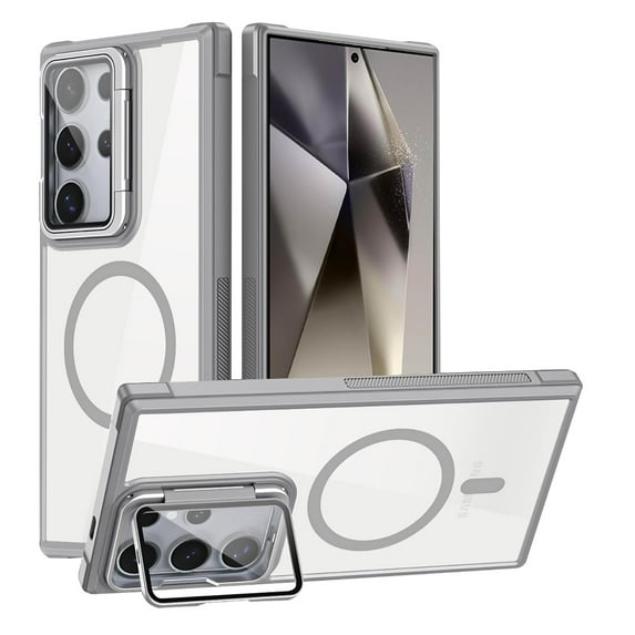 Allytechgroup Clear Phone Case for Samsung Galaxy S25 Ultra with Stand, Magnetic Case with Camera Lens Kickstand, Shockproof and Anti-Yellow, Compatible with MagSafe and Car Mount, Gray