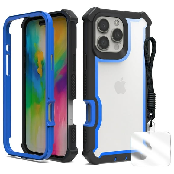Allytechgroup Clear Rugged Case for Apple iPhone 16 Pro Max, with Hand Strap Not-Yellowing Anti-Scratch Heavy Duty Shockproof Bumper Hybrid TPU PC Back Cover Case for iPhone 16 Pro Max,Blue