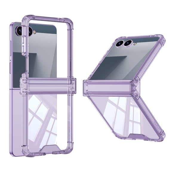 Allytechgroup Clear Rugged Case for Samsung Galaxy Z Flip 5, PC+TPU Hybrid Shock-Absorbent Anti-Scratch Slim Lightweight Glossy Full Body Cove Non-Slip Grip Protection for Women Men, Purple