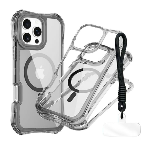Allytechgroup Clear Rugged Case for iPhone 14 Pro with Lanyard, [Compatible with Magsafe] Not-Yellowing Shockproof PC+TPU Hybrid Bumper Protective Cover for iPhone 14 Pro, Black