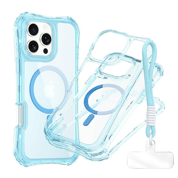 Allytechgroup Clear Rugged Case for iPhone 17 Pro with Lanyard, [Compatible with Magsafe] Not-Yellowing Shockproof PC+TPU Hybrid Bumper Protective Cover for iPhone 17 Pro, Blue